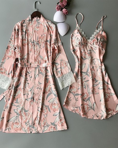Floral Print V-neck Lace Trim Cami Dress & Robe Set