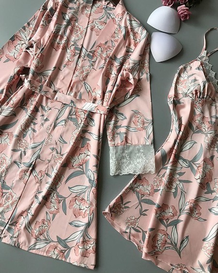 Floral Print V-neck Lace Trim Cami Dress & Robe Set