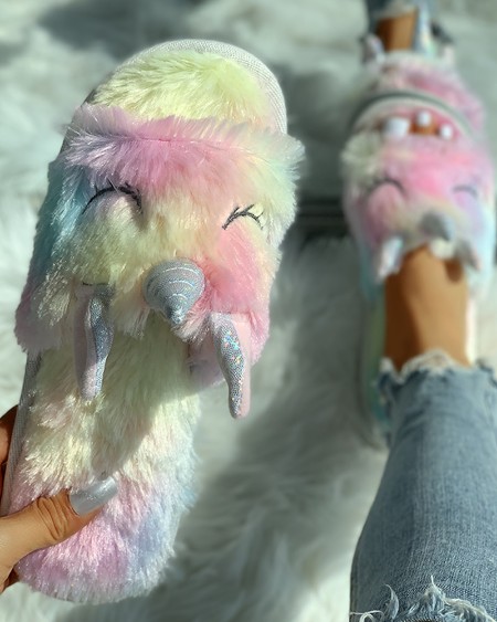 Fluffy Unicorn Open Toe Flat Slippers