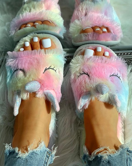 Fluffy Unicorn Open Toe Flat Slippers