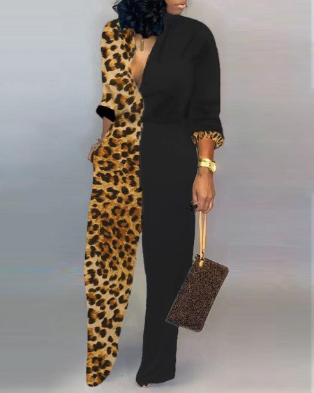 Plunge Colorblock Insert Leopard Jumpsuit