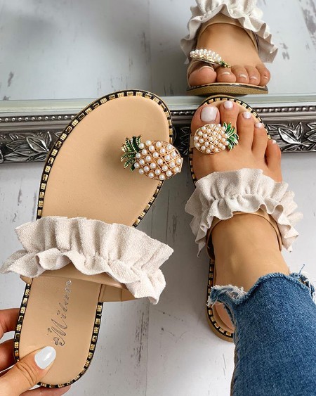 Pineapple Pattern Toe Ring Frill Hem Casual Sandals