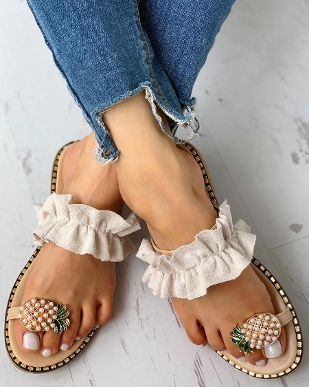 Pineapple Pattern Toe Ring Frill Hem Casual Sandals
