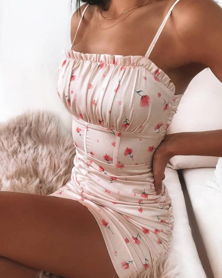 Floral Spaghetti Strap Ruffle Trim Dress