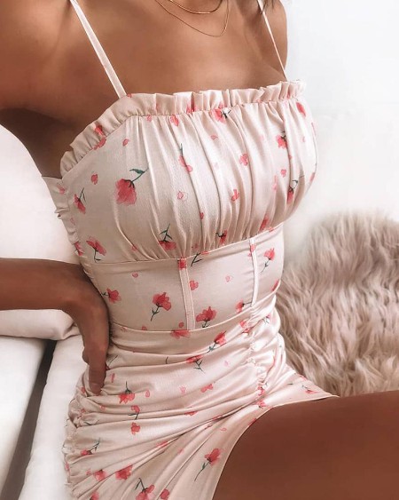 Floral Spaghetti Strap Ruffle Trim Dress