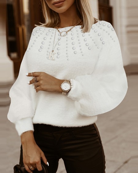Beaded Fluffy Lantern Sleeve Sweater