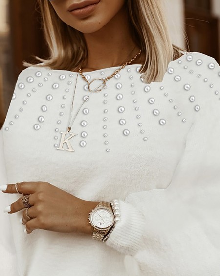 Beaded Fluffy Lantern Sleeve Sweater