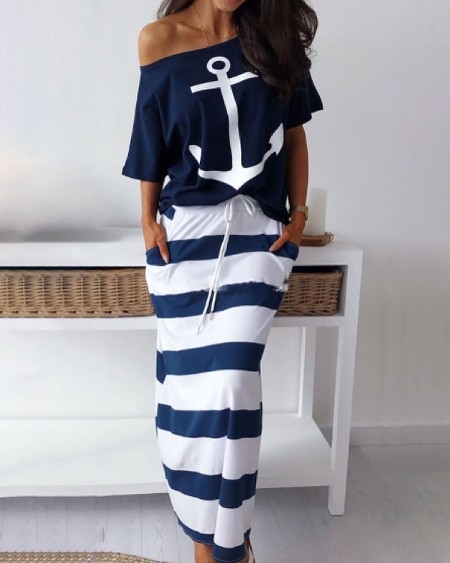 Boat Anchor Print T-Shirt & Striped Skirt Set