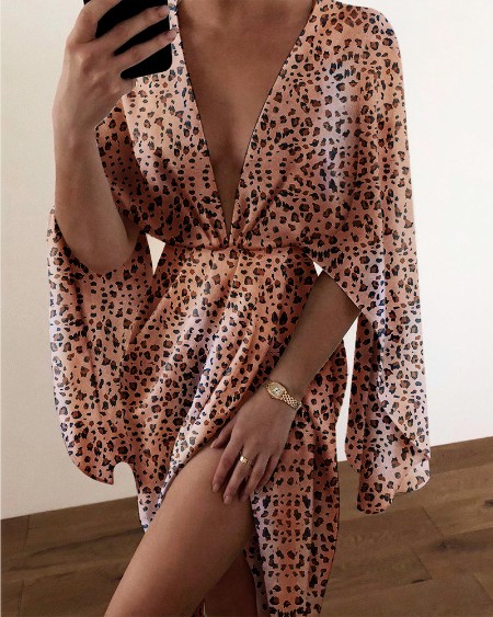 Cheetah Print Plunge Ruched Detail Slit Cape Dress