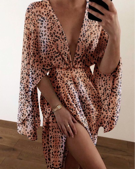 Cheetah Print Plunge Ruched Detail Slit Cape Dress