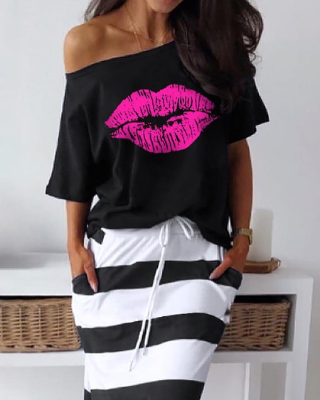 Lip Pattern T-Shirt & Striped Skirt Set