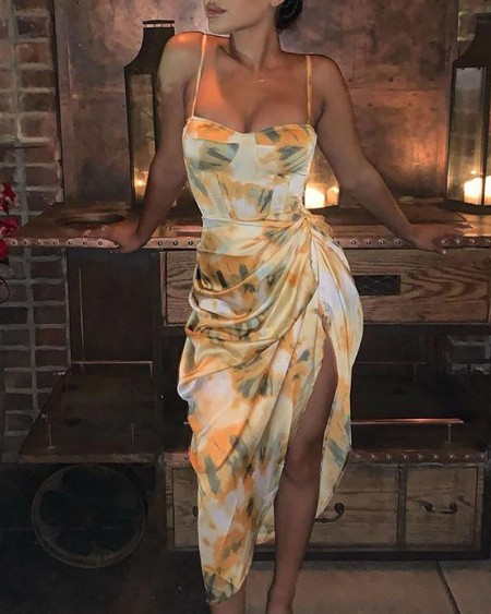 Abstract Print Spaghetti Strap High Slit Ruched Dress