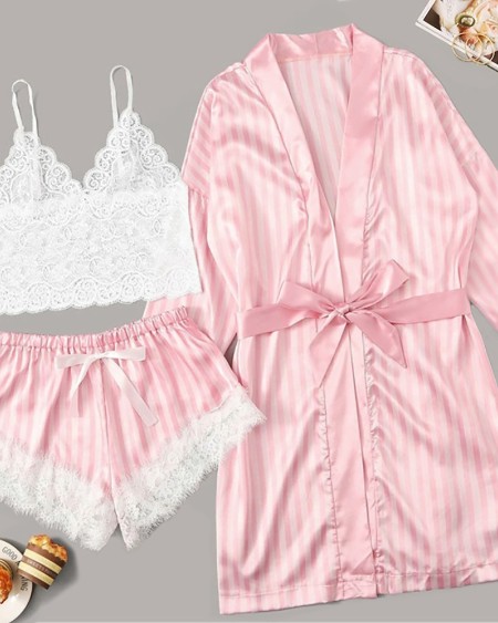 Sleeveless Striped Lace Three Piece Sleepwear
