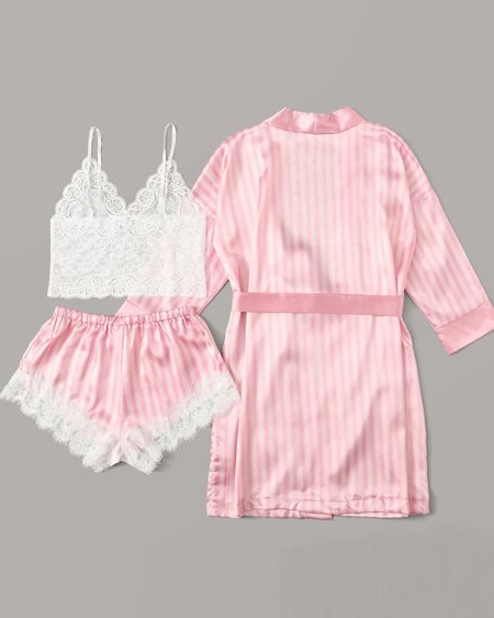 Sleeveless Striped Lace Three Piece Sleepwear