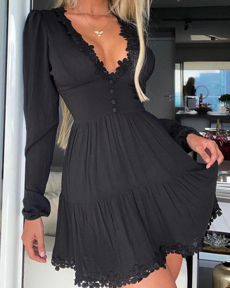 Solid Long Sleeve Lace Skinny Waist Dress