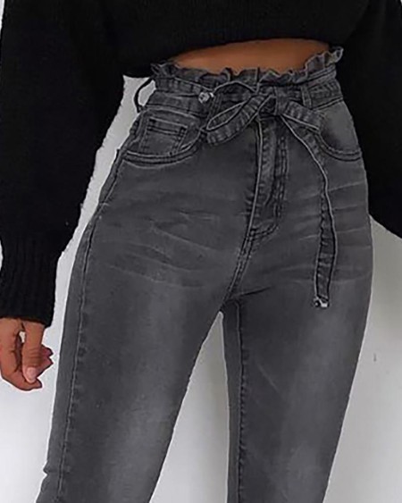 Solid Paperbag Waist Denim Pants