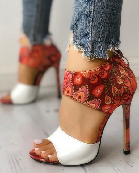 ethnic print peep toe ankle strap