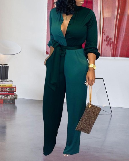 Colorblock Insert Buttoned Lantern Sleeve Jumpsuit