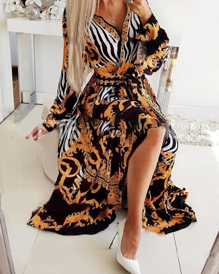 Retro Print High Slit Wrap Maxi Dress