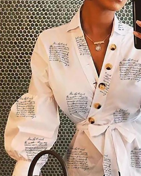 Lantern Sleeve Buttoned Surplice Wrap Printed Blouse