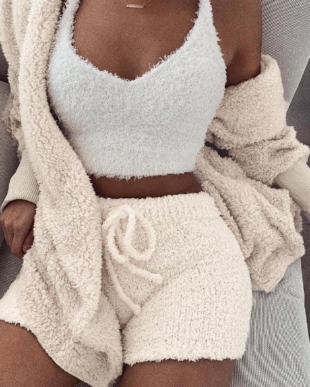 Fluffy Hooded Open Front Teddy Coat & Short Sets