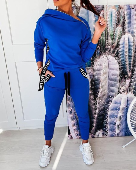 Zipper Design Letter Print Hooded Top & Drawstring Pants Set