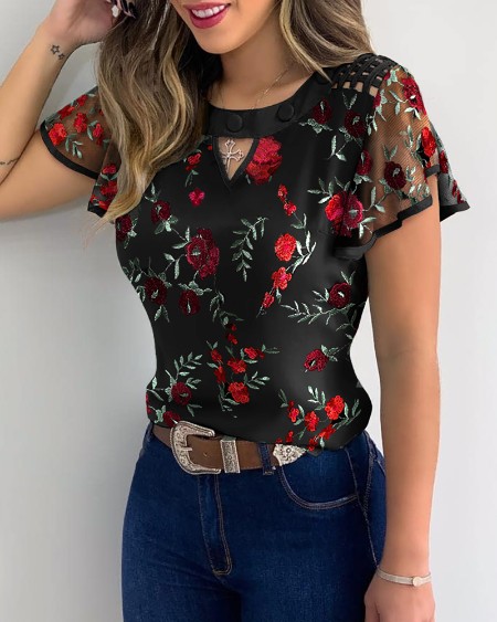 Floral Embroidery Sheer Mesh Flutter Sleeve Casual Blouse