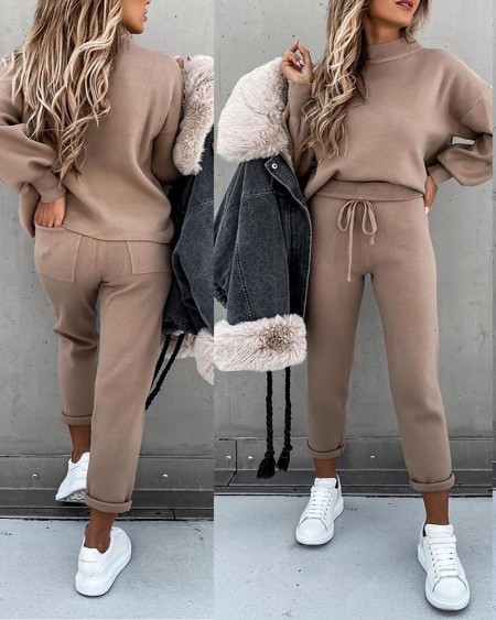 Plain Lantern Sleeve Top & Drawstring Pockets Design Pants Set