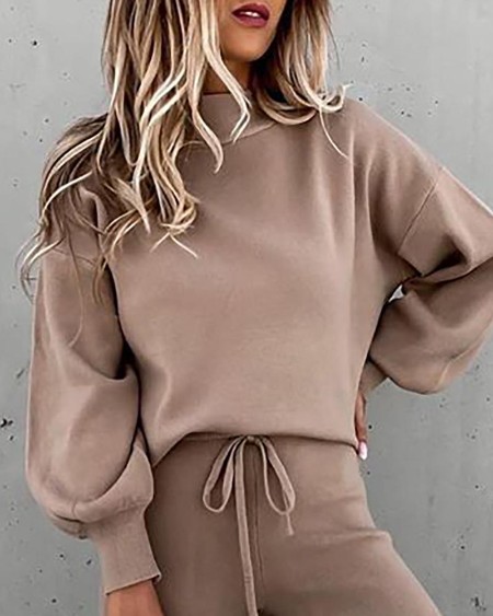Plain Lantern Sleeve Top & Drawstring Pockets Design Pants Set