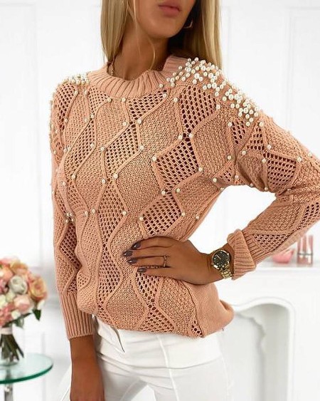 Beaded Hollow Out Casual Sweater