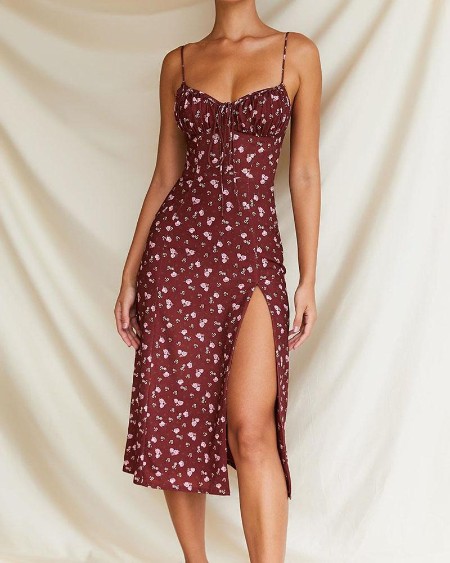 Floral Print High Slit Tie Detail Dress