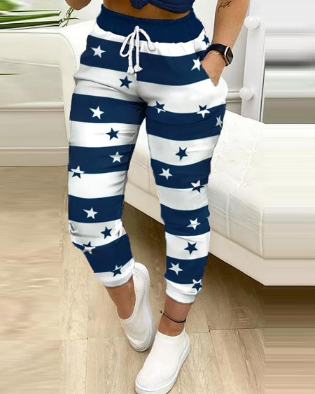 Colorblock Star Print Drawstring Skinny Pants