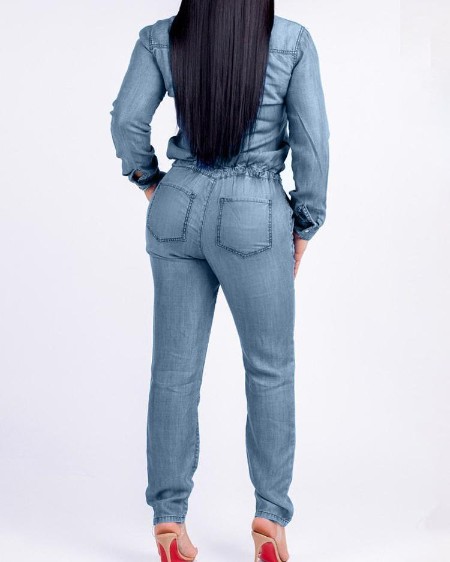 Denim Long Sleeve Pocket Drawstring Jumpsuit