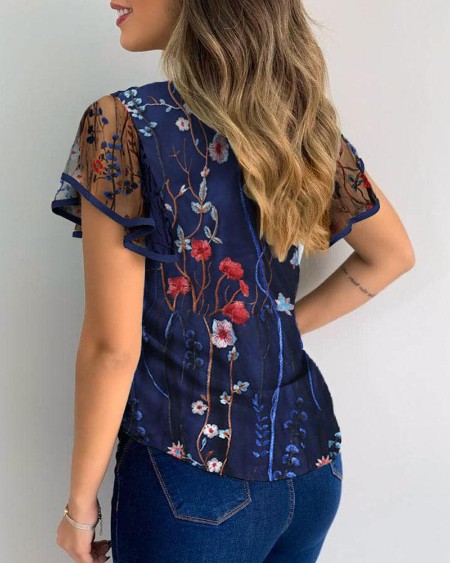 Floral Embroidery Sheer Mesh Flutter Sleeve Cutout Casual Blouse
