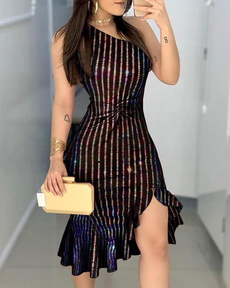 glitter ruched thigh slit party dress