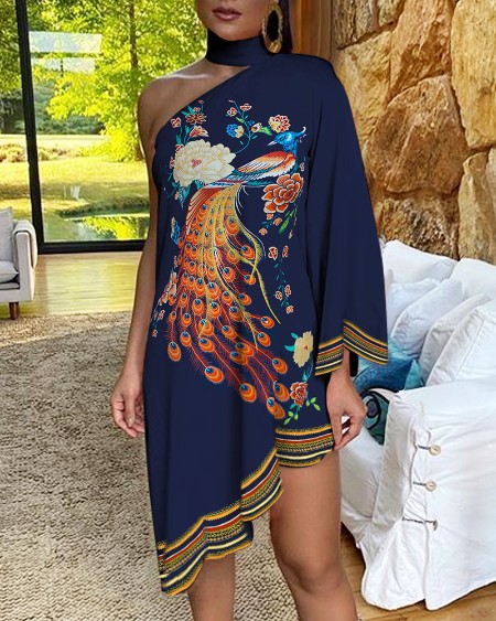 One Shoulder Peacock Floral Print Irregular Dress