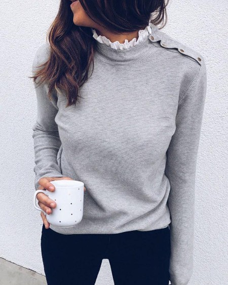 Lace Mock Neck Button Detail Casual Top