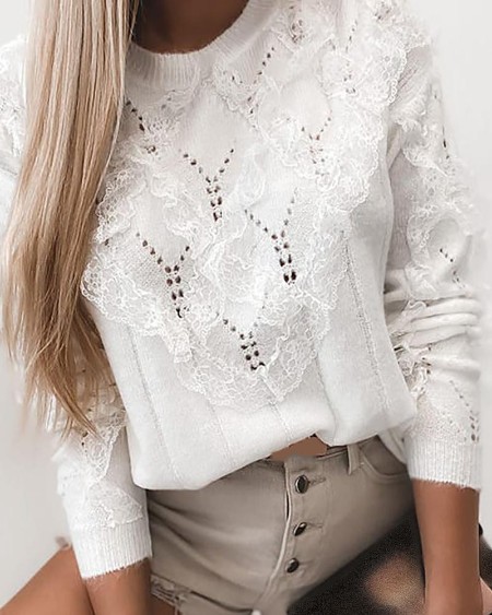 Lace Hollow Out Long Sleeve Casual Sweater
