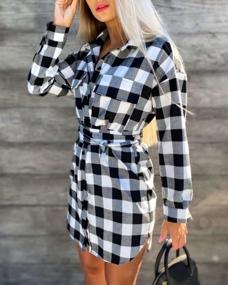 Button Design Long Sleeve Plaid Shirt Dress