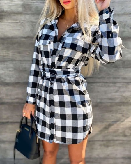 Button Design Long Sleeve Plaid Shirt Dress
