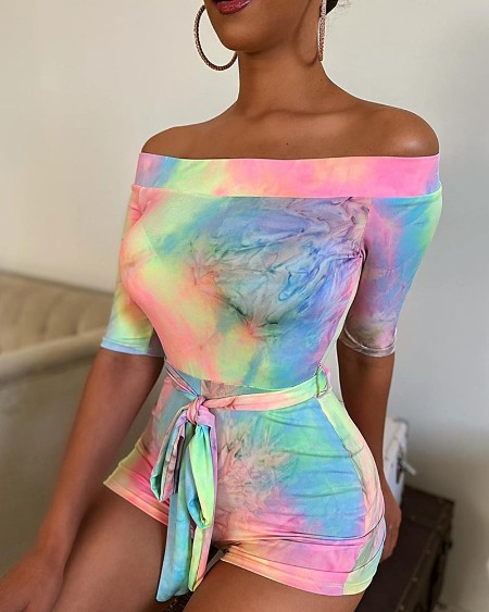Tie Dye Print Off Shoulder Romper