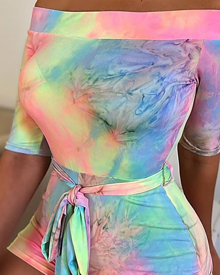 Tie Dye Print Off Shoulder Romper