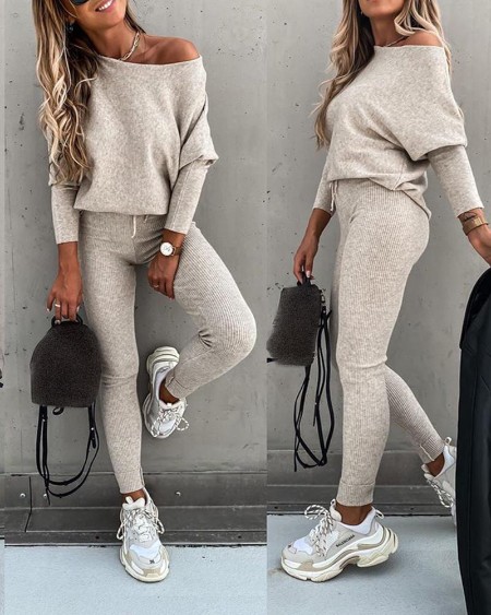 Long Sleeve Top & High Waist Drawstring Pants Set