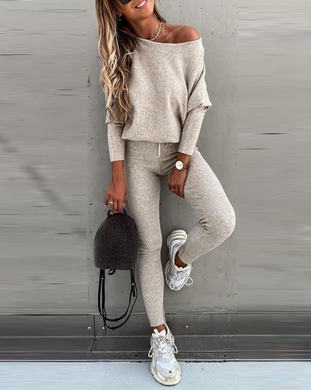 Long Sleeve Top & High Waist Drawstring Pants Set