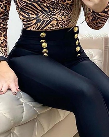 Buttoned High Waist Skinny Pants