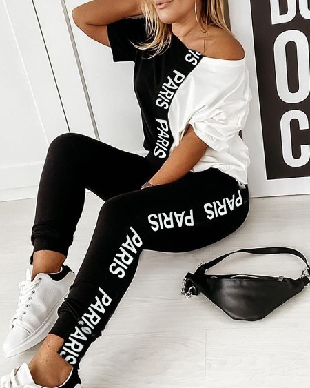 Letter Print Colorblock Cold Shoulder Top & Pant Set