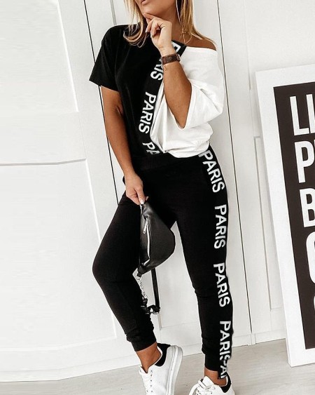 Letter Print Colorblock Cold Shoulder Top & Pant Set