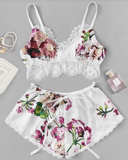 Floral Print Lace Trim Cami Set