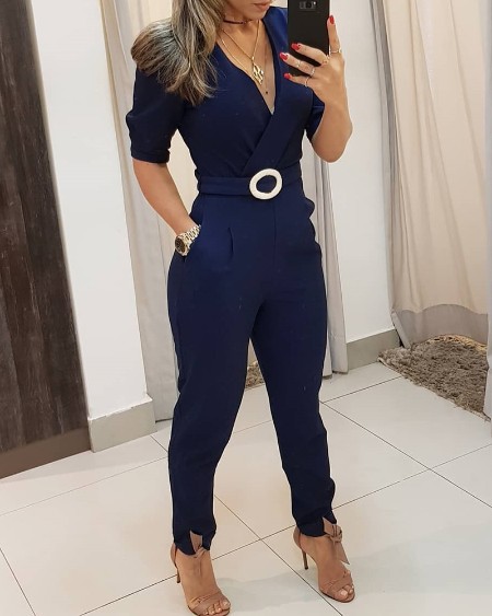 Solid V Neck Half Sleeve Jumpsuit