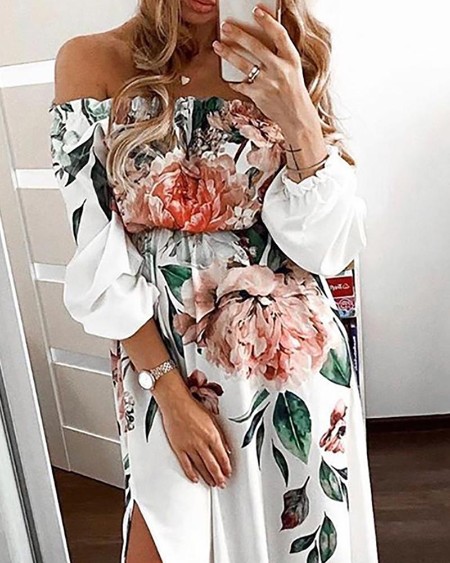 Floral Print Off Shoulder High Slit Maxi Dress